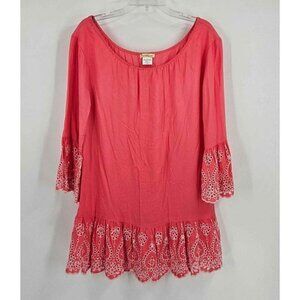 Sweet Magnolia Tunic Top Coral Ruffle Bell Sleeve Hem White Eyelet Embroidery Sm